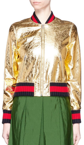 Crackle Leather Metallic Bomber Jacket-Gold - DESIGNER INSPIRED FASHIONS