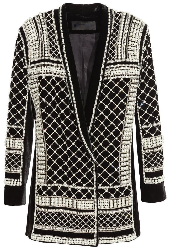 Bead & Crystal Embellished Long Black Velour Jacket - DESIGNER INSPIRED FASHIONS