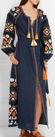 Embroidered Long Tunic Dress with Tassels in Blue - DESIGNER INSPIRED FASHIONS