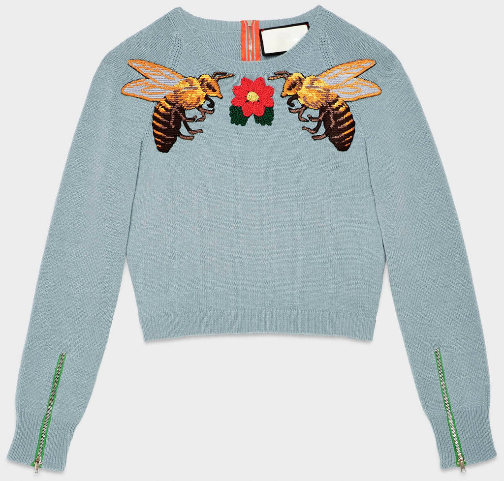 Bee-Embroidered Short Knit Sweater in Light Blue - DESIGNER INSPIRED FASHIONS