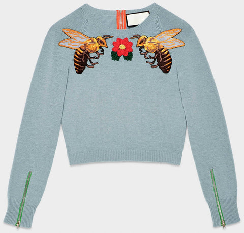 Bee-Embroidered Short Knit Sweater in Light Blue - DESIGNER INSPIRED FASHIONS