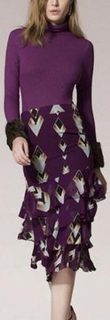 Ribbed Turtle Neck Knit Sweater & Tiered Geometric Print Skirt in Purple - DESIGNER INSPIRED FASHIONS