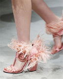 Feather-Trimmed Satin Sandals - Pink