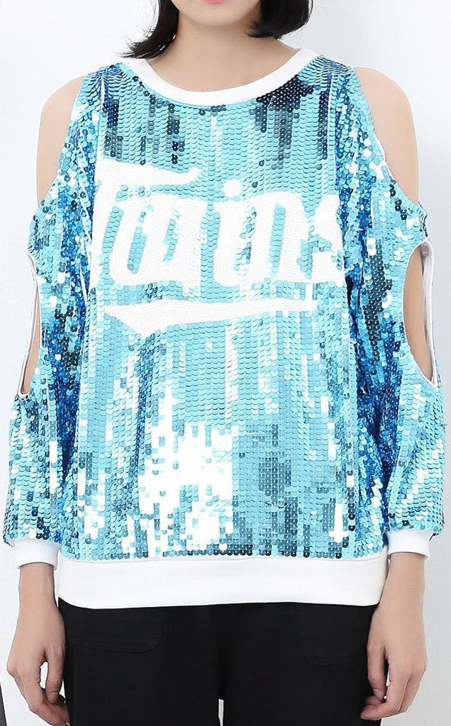 Sequin Embellished Cold-Shoulder Sweatshirt in Blue - DESIGNER INSPIRED FASHIONS