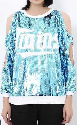 Sequin Embellished Cold-Shoulder Sweatshirt in Blue - DESIGNER INSPIRED FASHIONS
