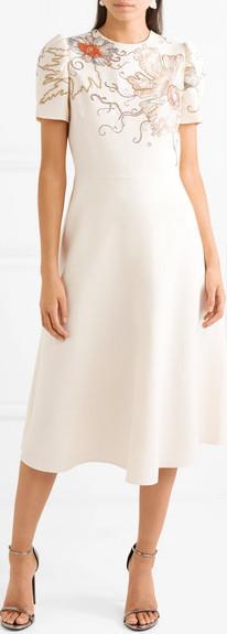 Floral-Embroidered Midi Dress, Cream