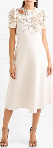 Floral-Embroidered Midi Dress, Cream