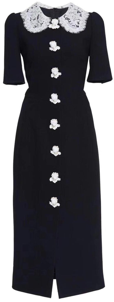Button-Embellished Lace Trim Dress
