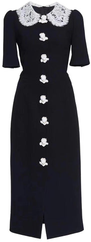 Button-Embellished Lace Trim Dress