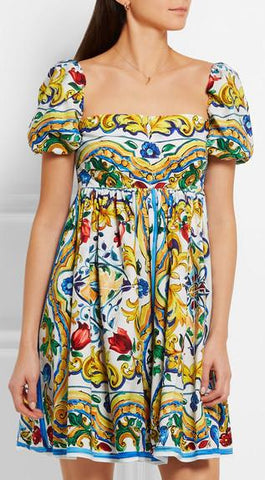 'Majolica' Print Babydoll Dress - Multi Color - DESIGNER INSPIRED FASHIONS