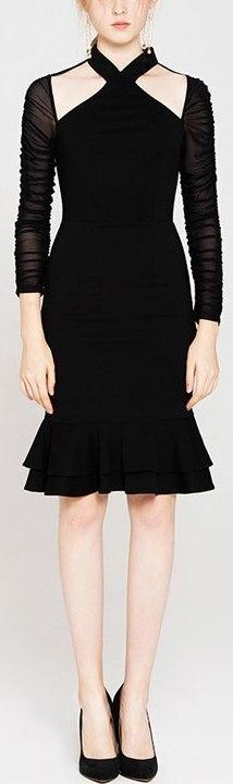 Black Sheer-Sleeve Halter Dress