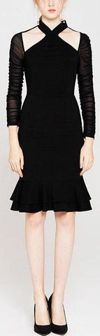 Black Sheer-Sleeve Halter Dress