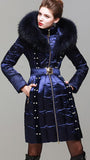 Bead Embellished Satin Sheen White-Duck-Down Coat with Fur-Trim in Blue - DESIGNER INSPIRED FASHIONS