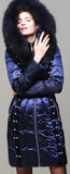 Bead Embellished Satin Sheen White-Duck-Down Coat with Fur-Trim in Blue - DESIGNER INSPIRED FASHIONS