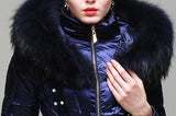 Bead Embellished Satin Sheen White-Duck-Down Coat with Fur-Trim in Blue - DESIGNER INSPIRED FASHIONS