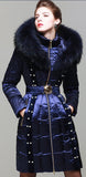 Bead Embellished Satin Sheen White-Duck-Down Coat with Fur-Trim in Blue - DESIGNER INSPIRED FASHIONS