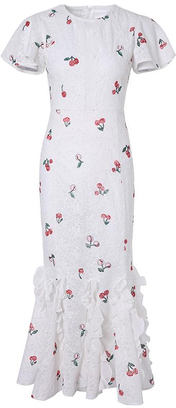 Cherry-Print Ruffle Lace Midi Dress