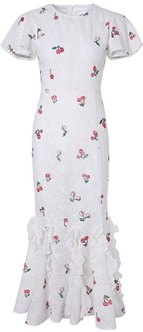 Cherry-Print Ruffle Lace Midi Dress