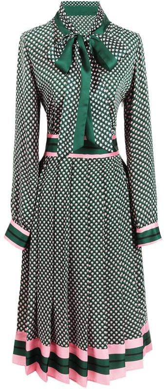 Pleated Print Shirt-Dress with Tie, Green