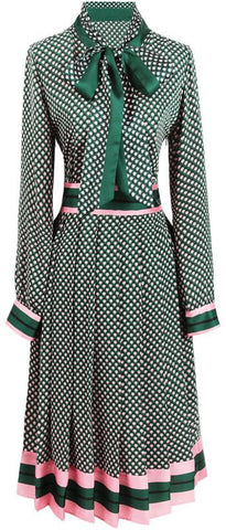 Pleated Print Shirt-Dress with Tie, Green