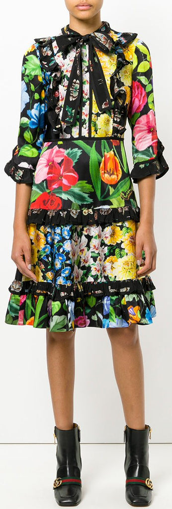 Butterfly-Ruffle-Trim Floral Print Dress