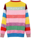 Cat Embroidered Stretch Striped Paneled Multi Colored Sweater - DESIGNER INSPIRED FASHIONS