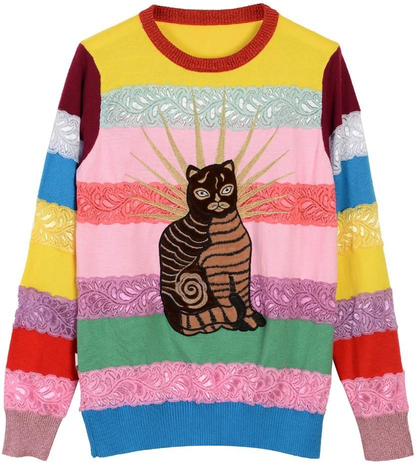 Cat Embroidered Stretch Striped Paneled Multi Colored Sweater - DESIGNER INSPIRED FASHIONS