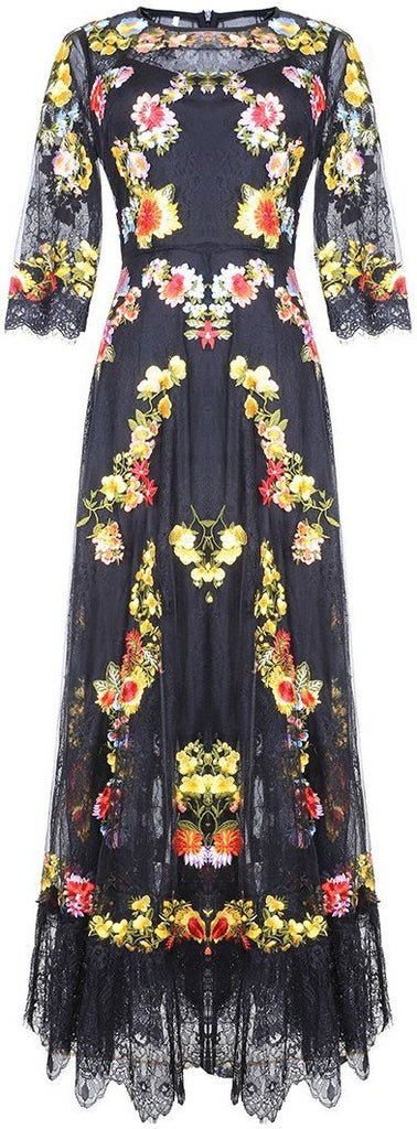 Floral-Embroidered Mesh and Lace Dress