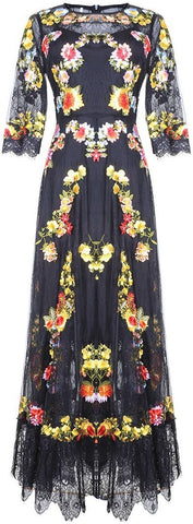 Floral-Embroidered Mesh and Lace Dress