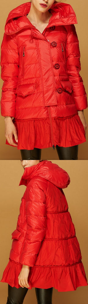 Short Down Coat with Skirt-Hem, Red