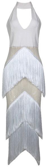 Fringed Lace White Halter Gown