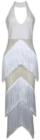 Fringed Lace White Halter Gown