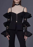 Black Cold-Shoulder Ruffle Tiered Lace-Sleeve Top