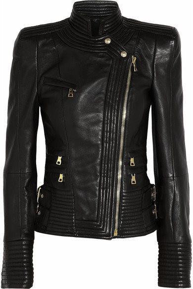 Black Ribbed Faux-Leather Biker Jacket - DESIGNER INSPIRED FASHIONS