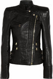 Black Ribbed Faux-Leather Biker Jacket - DESIGNER INSPIRED FASHIONS