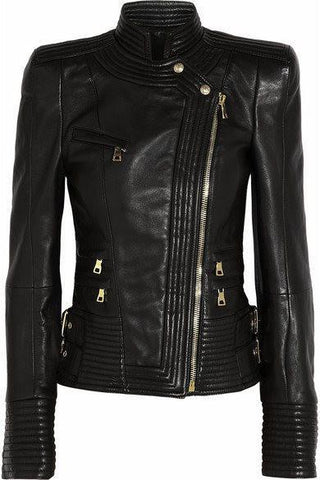 Black Ribbed Faux-Leather Biker Jacket - DESIGNER INSPIRED FASHIONS