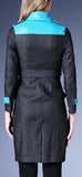Single-Breasted Blue Faux-Leather Paneled Denim Coat - DESIGNER INSPIRED FASHIONS