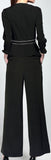 Belted Black Blazer with Contrast Piping and Wide-Leg Pant Set