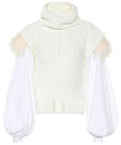 Feather Trim Puff-Sleeve Turtleneck Sweater
