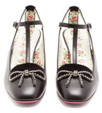 Anita Crystal-Bow Embellished T-bar Leather Pumps