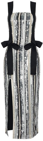 Sequin and Bow Embellished Evening Dress