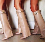 'Shark Lock' Wedge Knee Leather Boots in Beige - DESIGNER INSPIRED FASHIONS