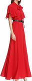 Flutter-Sleeve Long Gown with Tie-Neck Collar, Red