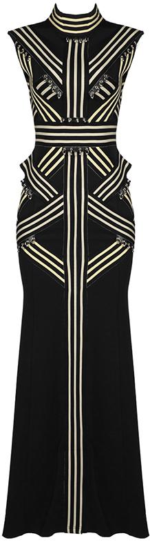 Ring-Embellished Striped Stretch Gown