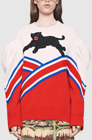 Black Panther-Embroidered Oversized Exaggerated-Shoulder Sweater - DESIGNER INSPIRED FASHIONS