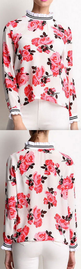 Floral-Printed Ruffled Silk Blouse