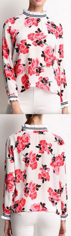 Floral-Printed Ruffled Silk Blouse