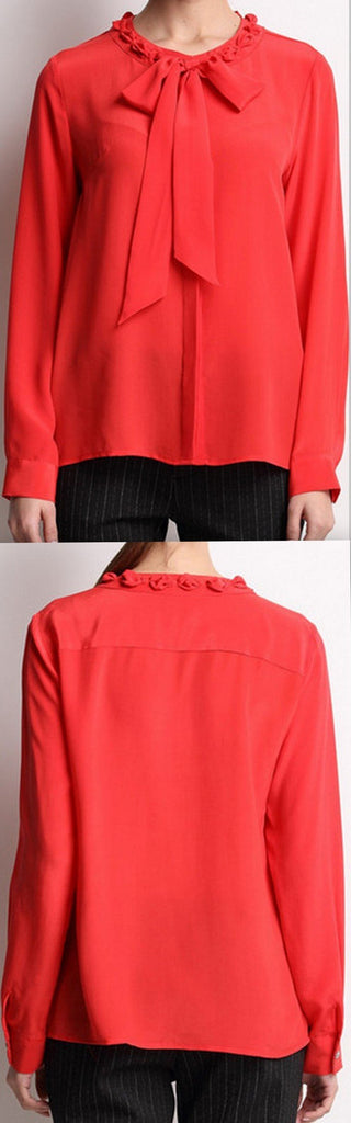 Red Silk Blouse with Ruffle Collar & Bow Tie