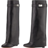 'Shark Lock' Wedge Knee Leather Boots in Black - DESIGNER INSPIRED FASHIONS