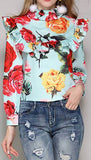 Roses Print Ruffle-Bib Blouse, Light Blue